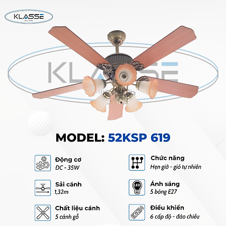 Quạt trần chùm đèn Klasse 52KSP 619 Hàng chính hãng