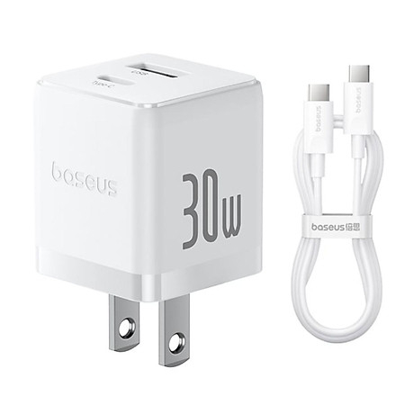Bộ sạc nhanh nhỏ gọn 2 cổng Baseus Palm U + C 30W Kèm cáp C to C 60w dài 1M - Hàng chính hãng