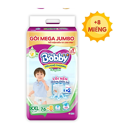 Tã/bỉm quần Bobby 3mm Mega Jumbo Gạo non Giảm nhiệt M112/L96/XL84/XXL76