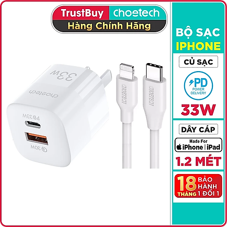 Adapter Củ Sạc 33W PPS/ PD 30W / QC 3.0 1 Cổng Type C 1 Cổng USB Nhỏ Gọn CHOETECH PD5006 Sạc Nhanh iPhone, iPad, Samsung - Hàng Chính Hãng