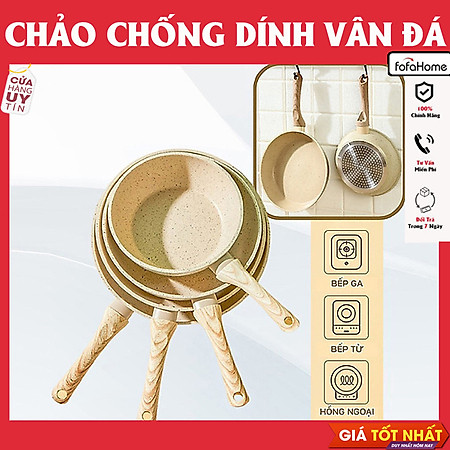 Chảo Chống Dính Bếp Từ Vân Đá Kiểu Nhật 22cm, Chảo Chống Dính Đáy Từ Ceramic Cán Gỗ, Chảo Nhật