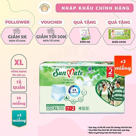 Tã quần người lớn SunMate siêu mềm mại mới size M18/L16/XL14 + 2 miếng