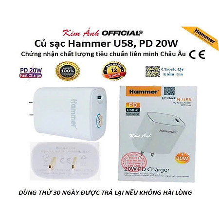Củ sạcHammer H-U58 sạc nhanh PD 20W, đạt chứng nhận tiêu chuẩn CE, Check Qr kiểm tra hàng chính hãng bảo hành 12 tháng