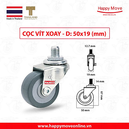 Bánh xe đẩy cao su tổng hợp xám tải nhẹ cọc vít xoay 360 độ - 50-65-75mm - Happy Move Thái Lan