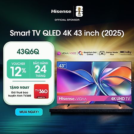 Smart Tivi Hisense 43 inch QLED 4K 43Q6Q, Lắp đặt toàn quốc - HÀNG CHÍNH HÃNG