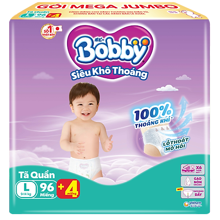 Tã quần Bobby Siêu Khô Thoáng - 100% Thoáng Khí Mega Jumbo - L96