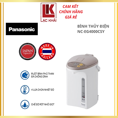 Bình Thủy Điện Panasonic NC-EG4000CSY 4 Lít - Xuất xứ Thái Lan - Dung tích 4L, Công suất 700W, Ruột bình phủ carbon hạt nổi, Chức năng hẹn giờ và tẩy cặn- Hàng Chính Hãng - Bảo Hành 12 Tháng