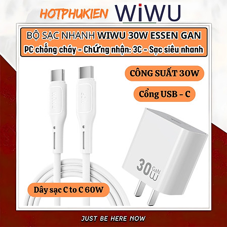 Bộ cóc củ dây sạc nhanh 30W USB C kèm dây Type C to Type C 60W PPS chống cháy hiệu WIWU GAN ESSEN Fast Charger cho iPhone 6 15 14 13 12 11 cho iPad S24 S25 Find Flip Fold - Hàng nhập khẩu