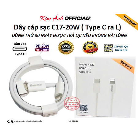 Dây cáp sạc Ham mer C17 PD 20W dùng cho IPhone, chân cắm Type C ra L sạc nhanh vào pin, Check QR kiểm tra hàng chính hãng