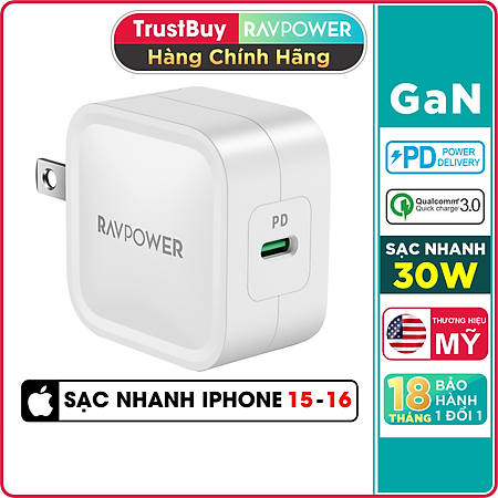 Adapter Sạc 1 Cổng Type-C 30W Công Nghệ GaN Hỗ Trợ Sạc Nhanh PD Power Delivery RAVPower RP-PC120 Với Đầu AC Gập - Hàng Chính Hãng