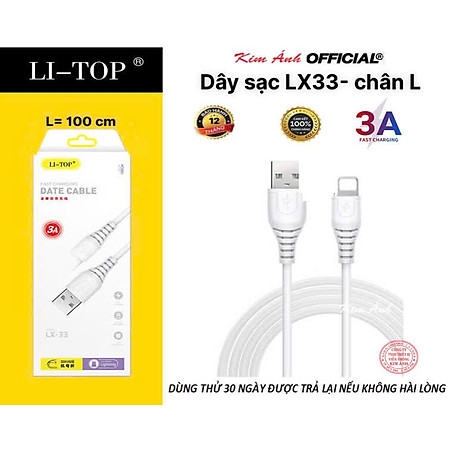 Dây sạc LI-TOP LX33 chân L (hộp giấy), dòng điện 5V- 3A, Kim Ánh cho dùng thử 30 ngày, hàng chính hãng