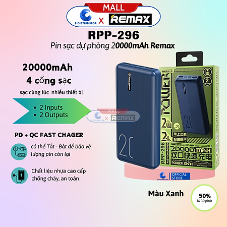 Sạc dự phòng Remax 20000mAh RPP-296 - Hàng Chính Hãng - Bảo Hành 12 Tháng