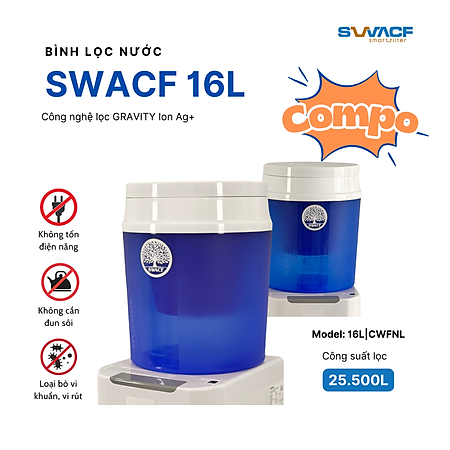 Compo 2 bình lọc nước uống trực tiếp SWACF 16L | CWFNL Nano bạc, lõi lọc 7L, tốc độ lọc 2 - 4 lít/giờ, giữ khoáng thiết yếu