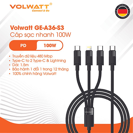 Cáp sạc siêu nhanh 3 đầu Volwatt GE-S36-S3 hàng chính hãng | Type-C ra C (100W)+C(15W)+L(27W), dây bện 1.5m | BH 12 tháng