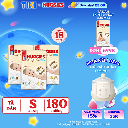 Combo 3 gói Tã/bỉm dán sơ sinh Huggies Skin Perfect S 54+6 miếng với 2 vùng thấm giảm kích ứng da
