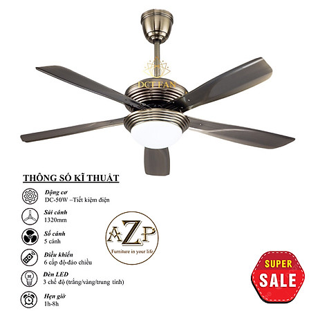 Siêu Sales QUẠT TRẦN AZP- 5 CÁNH KIM LOẠI, CÔNG XUẤT 50W, CÓ REMOTE- Hàng Nhập Khẩu