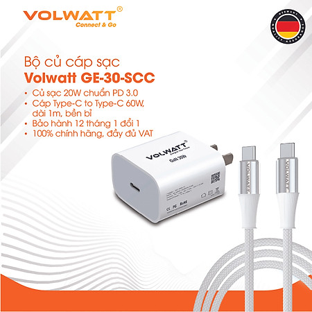 Bộ củ cáp sạc siêu nhanh Volwatt GE-30G-SCC 30W GaN hàng chính hãng | Adapter PD Type-C + Cáp Type-C 60W, BH 12 tháng