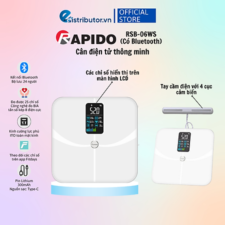 Cân sức khỏe thông minh Rapido RSB-06WS - Hàng chính hãng - Bảo Hành 12 Tháng