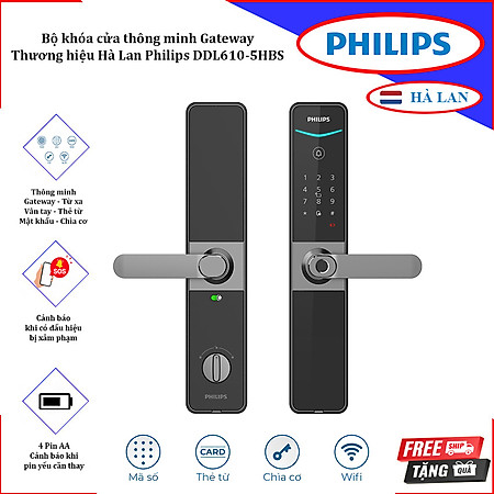 HÁNG CHÍNH HÃNG - Bộ khóa cửa thông minh Gateway điều khiển từ xa, vân tay, thẻ từ, mật khẩu và chìa cơ. Thương hiệu Hà Lan cao cấp Philips DDL610-5HBS