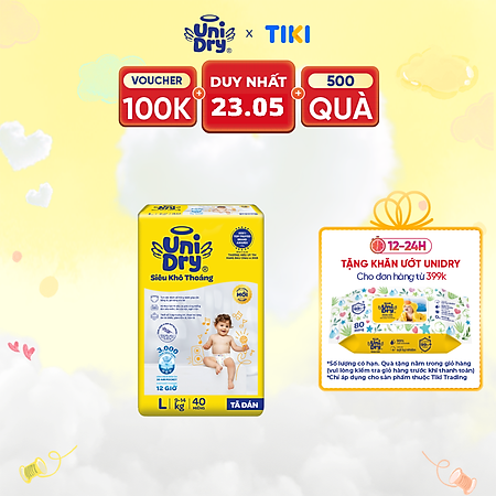 Tã dán em bé Siêu khô thoáng gói Jumbo Unidry G6X size L-40 miếng