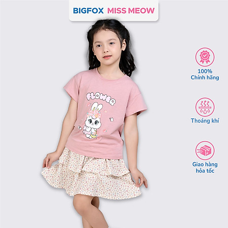 Set bộ cotton bé gái Bigfox Miss Meow size đại cộc tay mix chân váy hè cỡ 3,6,9,11 tuổi 30kg 40kg