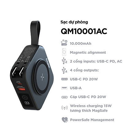 Sạc dự phòng Energizer 10,000mAh /3.7V Li-Polymer QM10001ACBK Sạc nhanh 20W, bảo hành 24 tháng 1 đổi 1 - Hàng chính hãng
