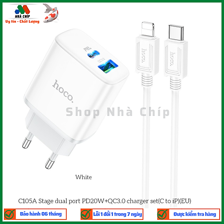Bộ sạc nhanh kèm cáp Hoco C105A Stage dual port PD20W+QC3.0 phích cắm EU - Hàng chính hãng