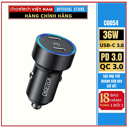 Tẩu Choetech C0054 sạc nhanh trên ô tô 2 cổng Type C 40W (Hàng chính hãng)