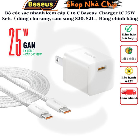 Bộ cốc sạc nhanh kèm cáp C to C Baseus Super Si Quick Charger 1C 25W Sets（PD/ QC3.0 Quick charger, With Cable) dùng cho sam sung S20, S21- Hàng chính hãng