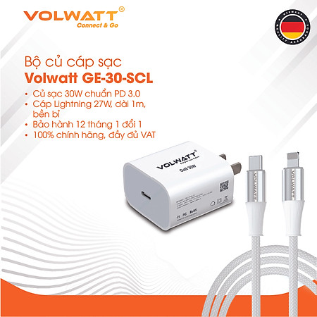 Bộ củ cáp sạc siêu nhanh Volwatt GE-30-SCL 30W GaN hàng chính hãng | Adapter PD Type-C + Cáp Type-C to L 1m, BH 12 tháng