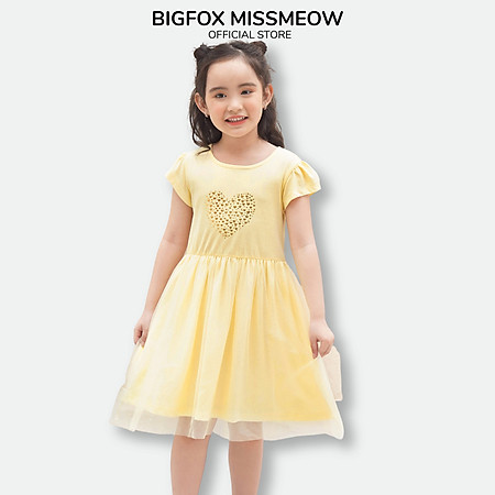Váy Cotton Cho Bé Gái Mùa Hè, Miss Meow, Size Đại. Đầm Trẻ em Phối Lưới In Trái Tim (BF)