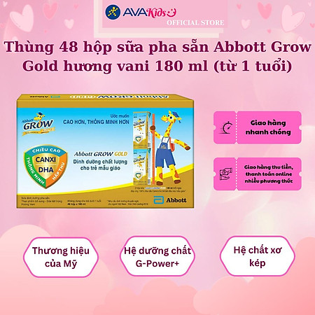 Thùng 48 hộp sữa pha sẵn Abbott Grow Gold hương vani 180 ml (từ 1 tuổi)