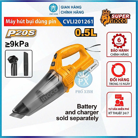 Máy hút bụi không dây INGCO CVLI201261 dùng pin 20V không bao gồm Pin và Sạc