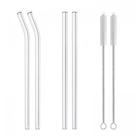 Bộ 4 Ống Hút Thủy Tinh Chịu Nhiệt (2 Cong + 2 Thẳng) + 2 Cọ Rửa + 1 Túi Vải
