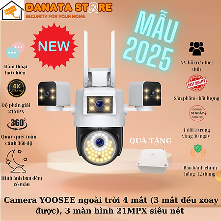 Camera YOOSEE ngoài trời 4 mắt (3 mắt đều xoay được), 3 màn hình 21MPX siêu nét có Tiếng Việt- Hàng chính hãng