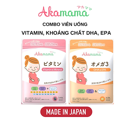Combo Viên Uống Sắt, Acid Folic, Vitamin Tổng Hợp, Khoáng Chất, DHA, EPA, Canxi Cho Mẹ Bầu Hỗ Trợ Tiêu Hoá, Hạn Chế Rạn Da, Viên Nhỏ, Không Mùi, Vị, Dễ Uống, Akamama Nhật Bản