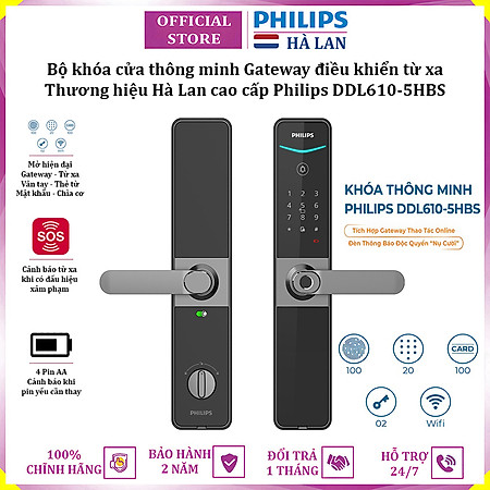 Bộ khóa cửa thông minh Gateway điều khiển từ xa, vân tay, thẻ từ, mật khẩu và chìa cơ Philips DDL610-5HBS - Hàng nhập khẩu