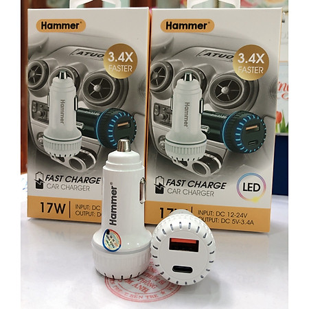 Cóc sạc xe hơi Ham mer H-CA09 dòng điện 3,4A công suất 17W, cổng USB + Type, Hàng chính hãng