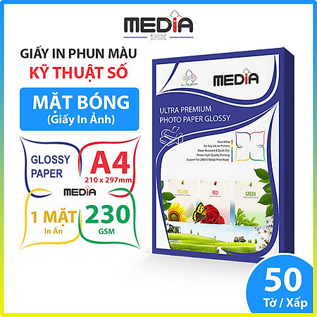 Giấy In Ảnh Media Ink 1 Mặt Bóng (Glossy) A4 230/210/180gsm 50 tờ, Giấy In Màu Giấy In Phun Màu Tài Liệu - Hàng Chính Hãng