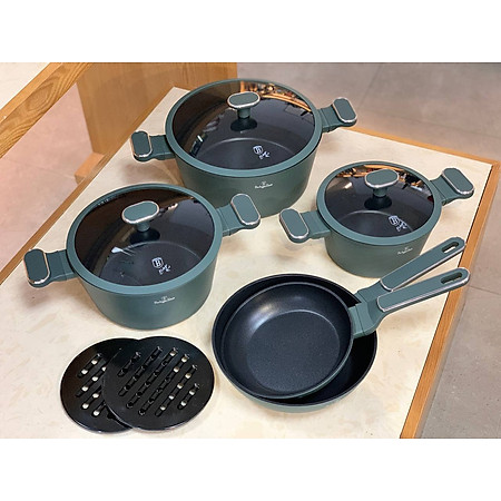 Bộ nồi Berlinger Haus BH/8207 10pcs Cookware Set 5 món – 10 chi tiết màu xanh rêu – Matte Green Collection Hàng chính hãng