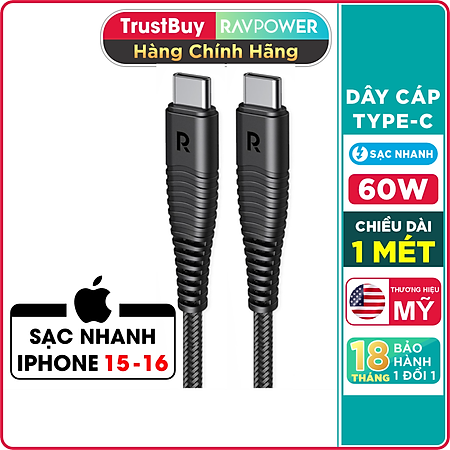 Dây Cáp Sạc Type C to C Sạc Nhanh 60W, Dài 1m, Dây Dù Nylon Siêu Bền RAVPower RP-CB047 - Hàng Chính Hãng