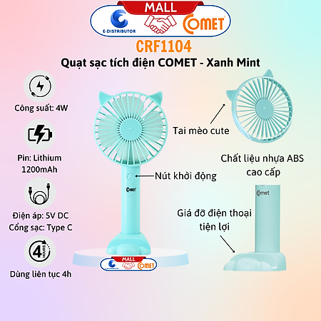 Quạt Sạc Tích Điện Cầm Tay Comet CRF1104 - Công Suất	4W - Dùng Liên Tục 4H - Hàng Chính Hãng - Bảo Hành 12 Tháng