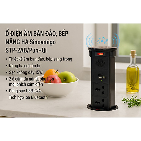 Ổ cắm điện âm bàn đảo bếp Sinoamigo STP-2AB/2Pu+Qi, tích hợp sạc không dây, loa bluetooth, cổng sạc USB-C