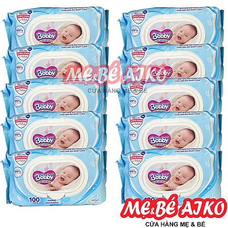 Combo Tiết Kiệm: 10 Gói Khăn Ướt Bobby Care Không Hương 100 Miếng/Gói