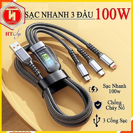 Dây Sạc 3 Đầu, Dây Sạc Nhanh 100W Với 3 Đầu Sạc Phù Hợp Với Nhiều Dòng Điện Thoại Dài Khoảng 1 Mét - Hàng Nhập Khẩu
