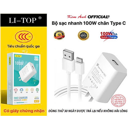 Bộ sạc nhanh LI-TOP AC29 100W chân Type C , có chứng nhận 3C tiêu chuẩn quốc gia, bảo hành hàng chính hãng 12 tháng