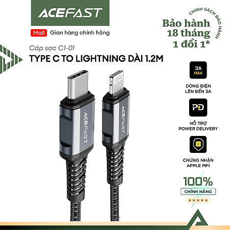 Cáp Acefast Type C to Light.ning (1.2m) - C1-01 Hàng chính hãng Acefast