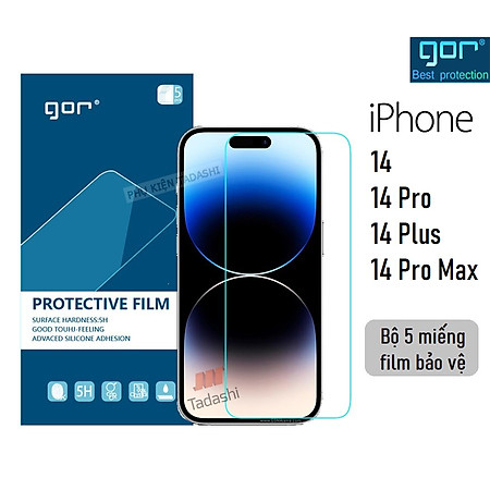 Miếng dán màn hình Gor Cho Iphone 14 Pro Max/ 14 Pro/ 14 Plus/ 14 Cảm ứng nhạy, Chống trầy xước, Hạn chế vân tay - Hãng Gor (5 miếng) - Hàng nhập khẩu.