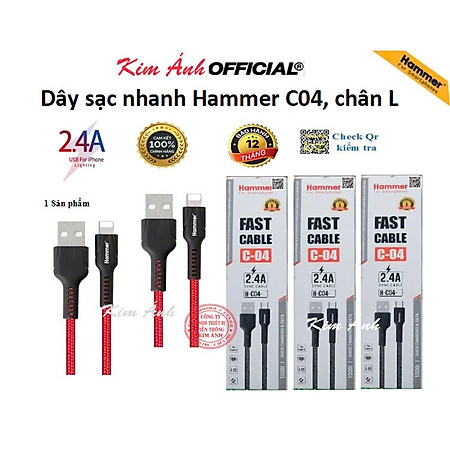 Dây sạc nhanh Ham mer C04 các loại chân cắm I, dòng điện 5v-2.4A, dây bện dù, hàng chính hãng check Qr