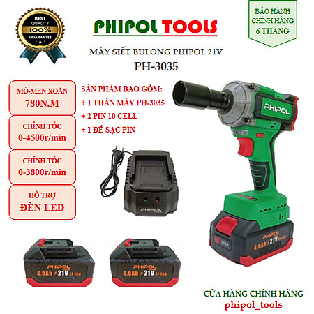 Combo Máy siết bu lông 780N.M 21V động cơ không chổi than PHIPOL TOOLS PH3035 Kèm 2 pin và sạc - Hàng Chính Hãng